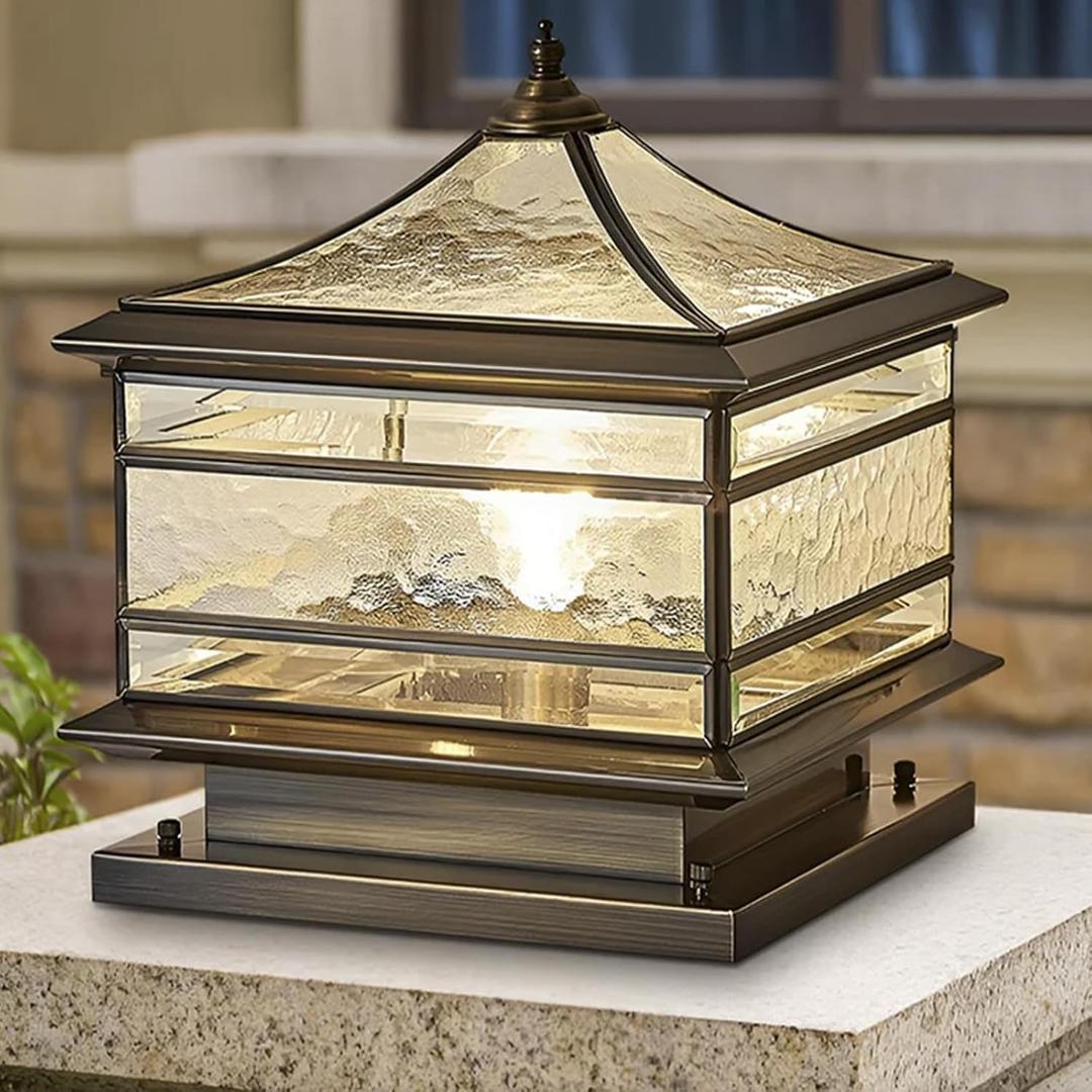 All Copper Steel Glass Outdoor Post lights, Waterproof Pillar Light, Vintage Patio Lawn Column Lamp,outdoor column lights,Deck Lights, Lantern Fence Lamp Fixture E26 Base (Wiring E26 Base, 16X16in)