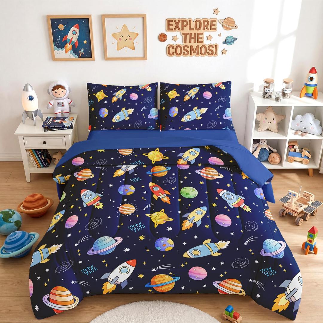 Okaydora Boys Space Full Bedding Set 5 Piece Bed in a Bag Comforter Set