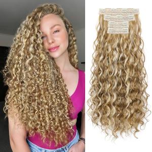 REECHO Curly Clip in Hair Extensions, 4PCS 24 inch Long Hair Extensions Clip ins Lace Weft Natural Hairpieces for Women Daily, Medium Blonde with Highlights