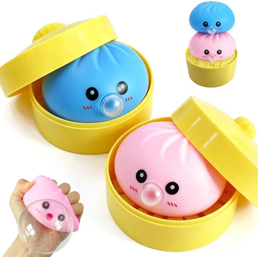 2Pack Dumpling Squishies Set with Steamer, New Bubble-Blowing Squishies, Stretchy Fidget Sensory Squeeze Toy for Adults & Teens, Cute Desk Gift(Blue+Pink)