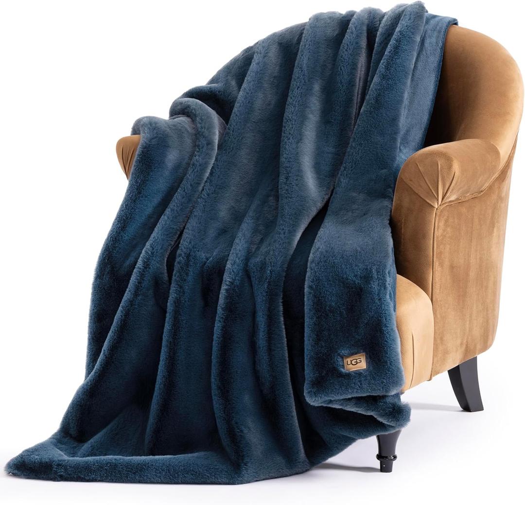 UGG Plush Faux Fur Throw Blanket Reversible Medium Weight Luxury Soft Throw Blankets for Bed or Chair, Hypoallergenic, Machine Washable, Home Decor, 50-inch x 70-inch, Indigo Navy Blue (Euphoria)