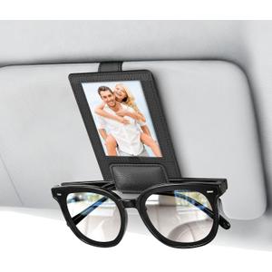 New 2 in 1 Sunglass & Photo Holder for Car, Strong Magnetic Leather Sunglasses Holder, Car Visor Picture Holder Clip, 2026 Upgraded No Fall No Slide Car Visor Accessories (Black)