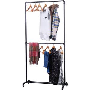 MBQQ Industrial Pipe Clothing Racks on Wheels Double Hanging Rod Metal Clothing Rack,Heavy Duty Commercial Display Garment Rack,Hanging Weight Rack,Metal Ballet Rolling Racks,Black Brush Silver