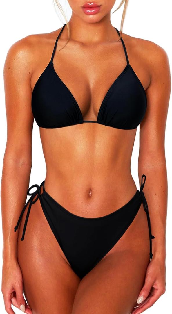 2 Piece Bikini Sets for Women Halter Triangle Bikini Tops Brazilian String Swimsuit Full Coverage Bottom Bathing Suit (Small)