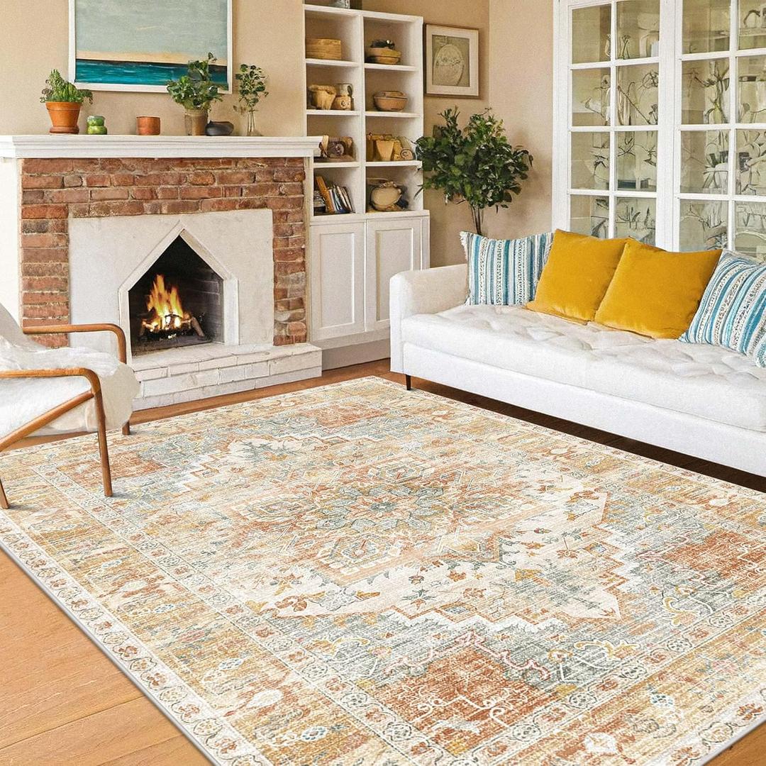 Washable Area Rugs Boho Non Slip Stain Resistant Thin Carpet Vintage Orange Printed Oriental Foldable Distressed 6x9 Rug for Living Room Bedroom Indoor House (Orange/Cream/Affogato/Gray)