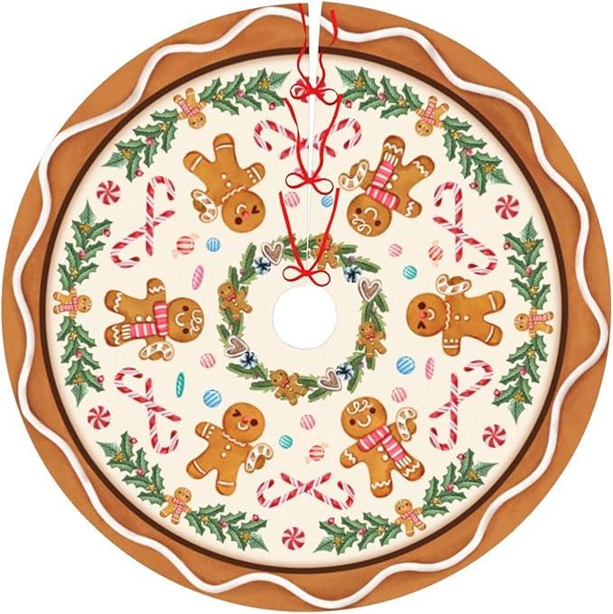 Gingerbread Man Christmas Tree Skirt Xmas Tree Mat Halloween Thanksgiving Christmas Tree Ornaments Decorations Holiday Party Indoor Outdoor 30"