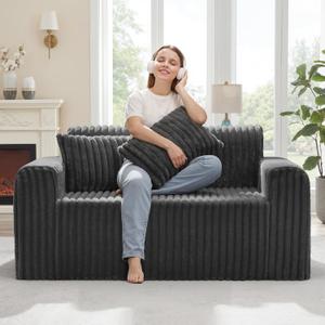 Hobestluk Couch Sofa 2-Seater Foam Sofa Loveseat for Small Spaces Comfy Sofas with Removable Cover Furry Couch with Pillows for Living Room, Bedroom, Apartment, Office (Black, Loveseat)