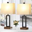 Table Lamp for Bedroom Set of 2 with 2 USB Ports and AC Power Outlet, 23.5" Modern Bedside Lamp, Wood Nightstand Lamp with Linen Shade for Living Room Hotel Desk(LED Bulb Included)