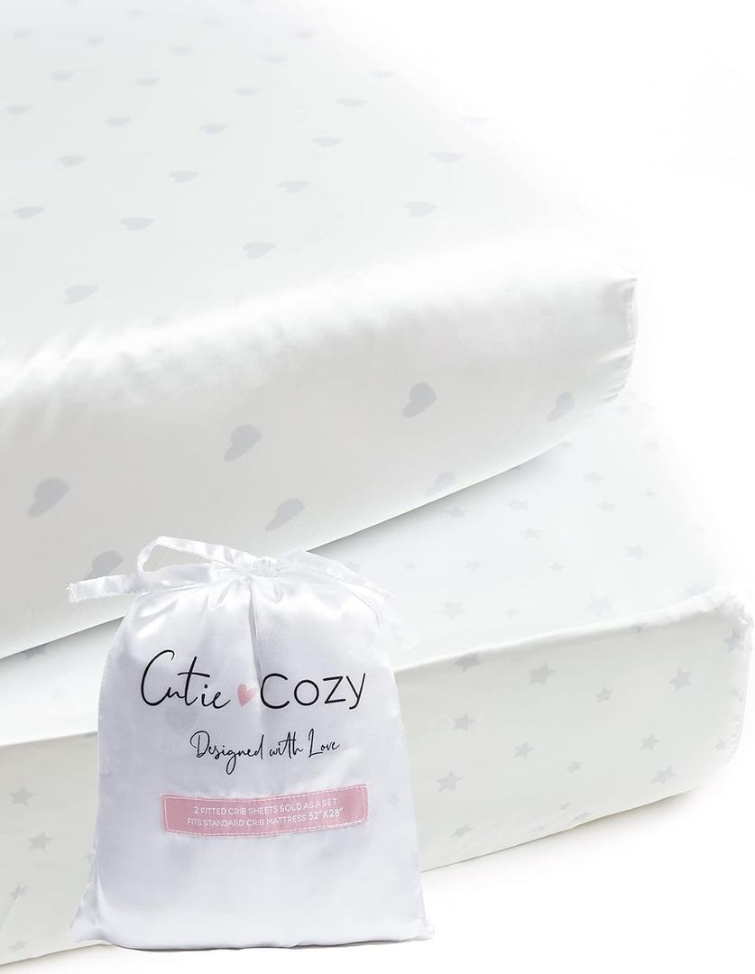 Satin Crib Sheet (2 Pack)  Oeko-TEX Certified, Helps Reduce Baby Hair Loss and Protect Delicate Hair | Fits Standard Crib & Toddler Bed (White with Light Gray Hearts & Stars)