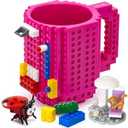 TOYAMBA Buildon Brick Mug BPAFree Funny Coffee Mug with 3 Building Bricks, Funny Cup for Kids  Creative Building Block DIY Idea 16OZ (Magenta)