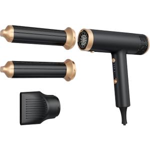 Hair Dryer 3 in 1 Hot Air Styler, 2000 W Ionic Blow Dryer, Lightweight Compact Hairdryer for Travel, Long Barrel Airflow Auto Wrap Curler for Quick Styling, Fast Drying, Coolshot (Black)