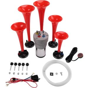 FARBIN Musical Air Horns Plays Dixieland Melody Music Horn Dixie Air Horn with Button Multi-frequency Sound Five Trumpet Dixie Truck Horn with Compress (DIXLAND Musical Horns Kit)