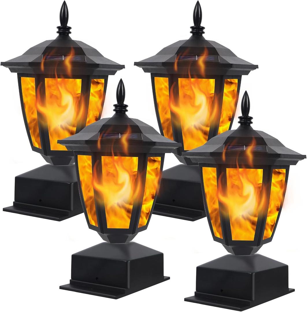 Dynaming Solar Flame Post Lights Outdoor, Solar Powered Lamps Fence Post Cap Lights, Flickering Flame LED Lantern Decorative Waterproof for Garden Deck Patio, Fit 4x4, 5x5 or 6x6 Wooden Posts, 4 Pack (Black)