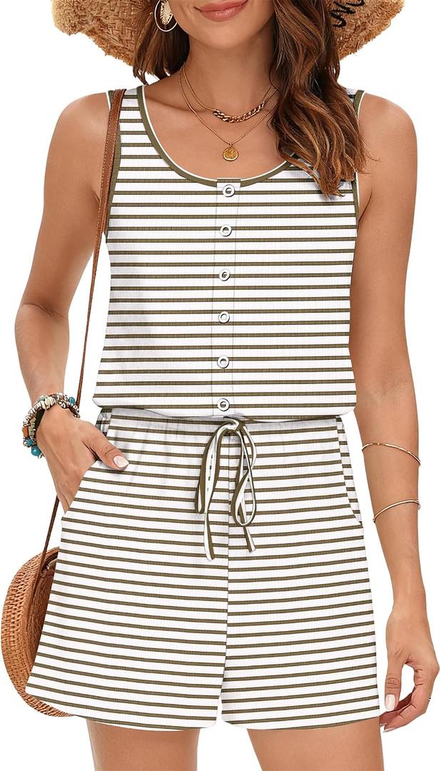 MISFAY Women Sleeveless Romper Button Scoop Neck Jumpsuit Pocket CWS (Brown, M)