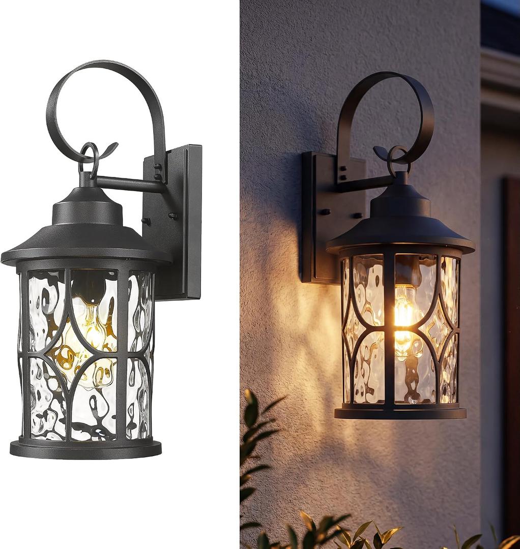 zeyu 19.5 Inch Outdoor Wall Lamp, 1-Light Large Outdoor Wall Lighting for House Porch, Die-Cast Aluminum in Black Finish, Water Ripple Glass, ZX111B-M BK-WG, 19.5'' - 1 Pack