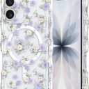 RALEAVO for iPhone 17 Case Cute Floral Pattern Design [Compatible with Magsafe] Clear Curly Wave Frame Cover for Women,Acrylic Shockproof Anti-Slip Case for iPhone 17,Purple Flowers