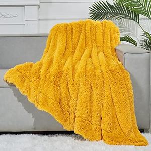 GONAAP Fuzzy Faux Fur Throw Blanket Mustard Yellow Super Soft Cozy Plush Fuzzy Shaggy Blanket for Couch Sofa Bed (Mustard Yellow, Throw(50"x60")