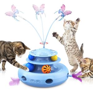 Cat Toys, 4-in-1 Rechargeable Automatic Interactive Cat Toy with Fluttering Butterfly, Random Moving Ambush Feather, Two-Tier Track Balls, 5H Smart Standby, Touch-Activated (Blue)