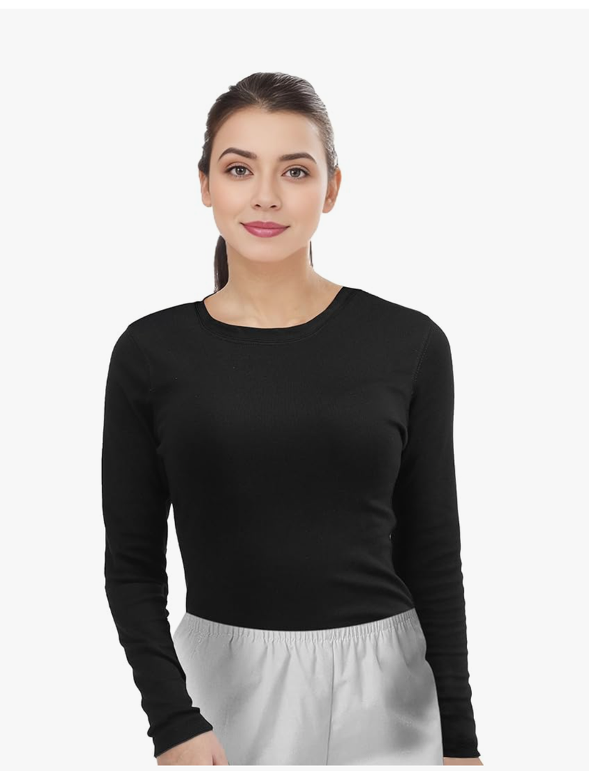 Pure Look Women's Long Sleeve Stretch Cotton Slim Fit Lightweight Basic T-Shirt, Large, Scoop Neck Black