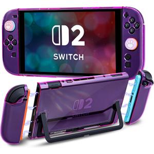 DLseego Protective Hard Case for Nintendo Switch 2 2025, Soft Grip Cover for Joy Con,Detachable JoyCon Controller Shockproof & Scratch-Resistant Console Shell, 4 Love Thumb Grips,Transparent- Purple