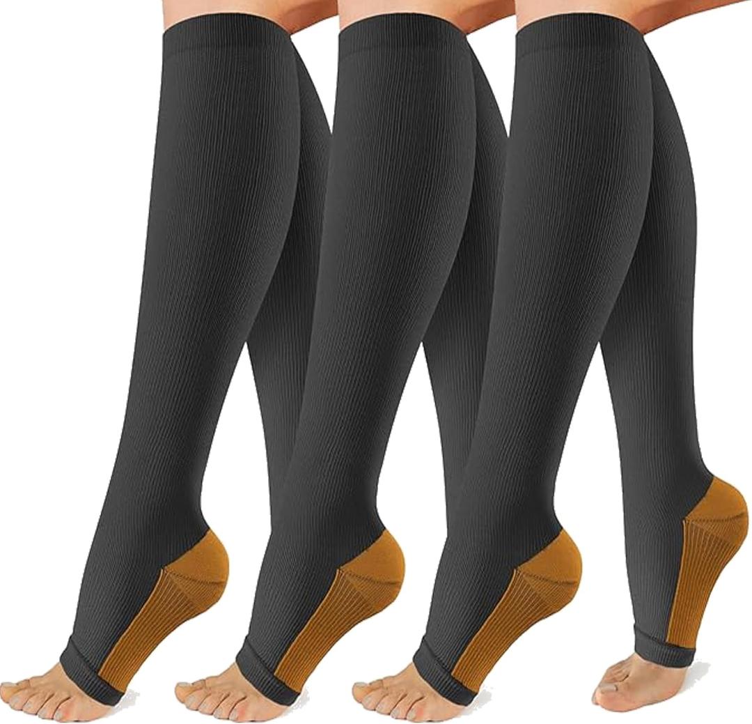 Copper Compression Socks for Women & Men, 20-30mmHg Open Toe Knee High Support Socks for Varicose Vein, Running, 5PCS, (L/XL)