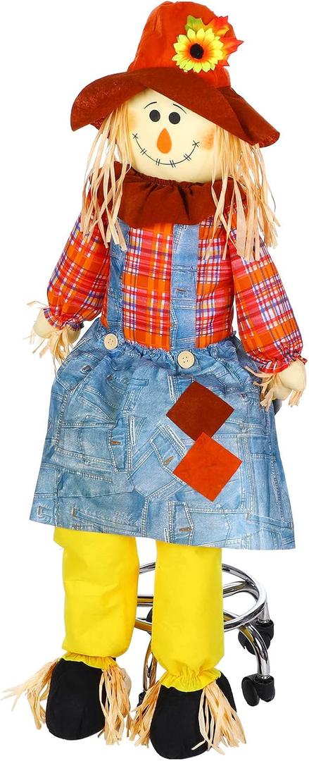 Shappy 60 Inch Large Fall Scarecrow Sitter Halloween Decoration Country Charm Harvest Outdoor Indoor Sitting Scarecrow for Garden Home Yard, Girl Style