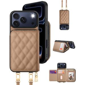 OCASE Compatible with iPhone 17 Pro Max Crossbody Wallet Case with Card Holder, PU Leather Zipper Handbag Phone Purse with RFID Blocking Kickstand Wrist Strap Lanyard 6.9 Inch, Diamond Check Khaki
