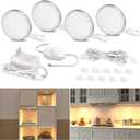 WOBANE Dimmable LED Puck Lights, Under Cabinet Lighting with Switch, Plug in Under Counter Lighting for Shelf, Closet, Cupboard, Bookcase, Display, Super Bright, 2700K Warm White, 4 Pack