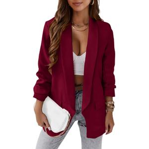 KIRUNDO Blazers for Women Oversized Business Casual 2026 Spring Fall Fashion Long Sleeve Open Front Work Office Suit Jackets (Large, Wine Red)