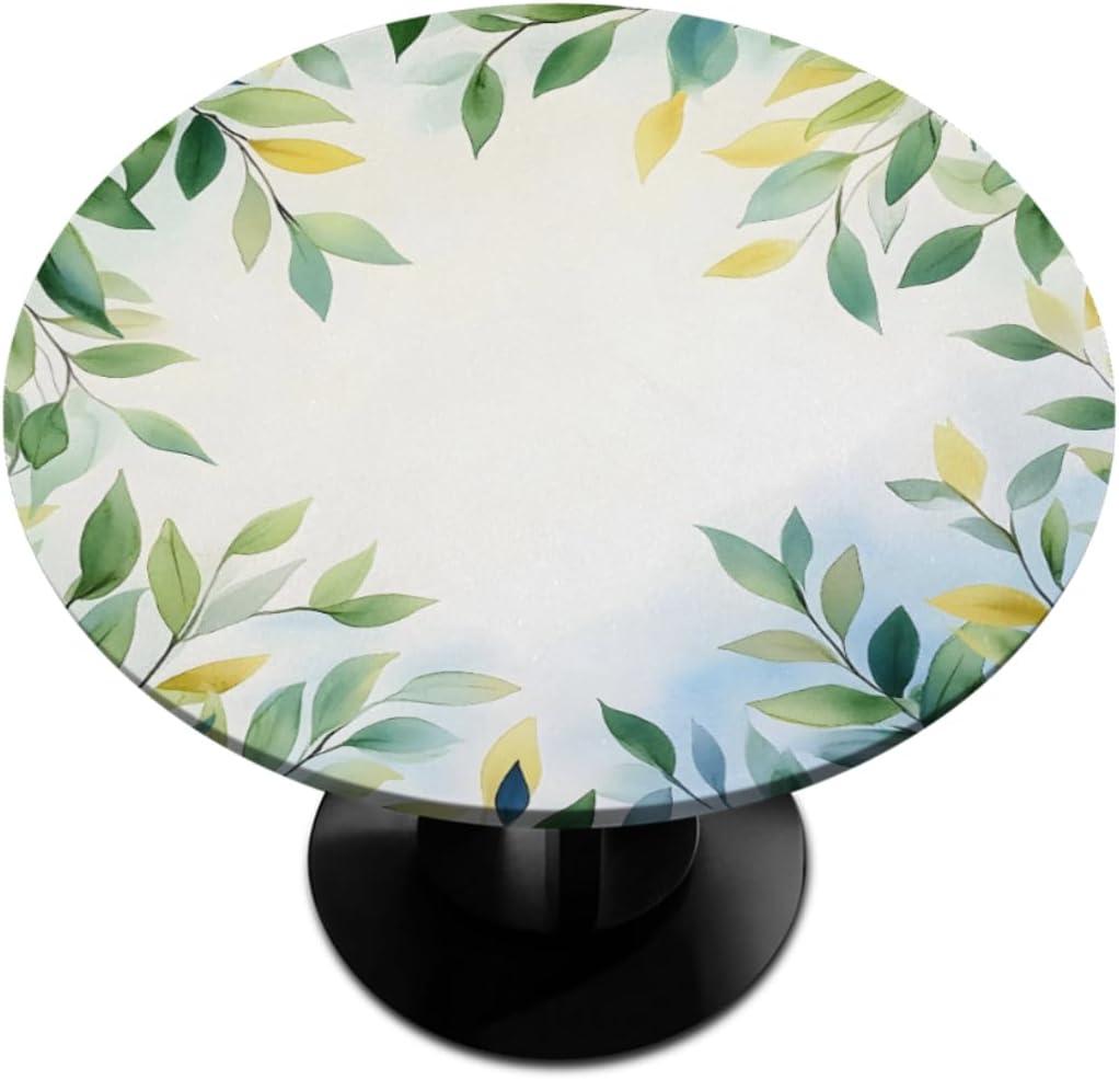 Pardick Round Fitted Tablecloth with Elastic Edge, Leaves Round Elastic Table Cover Waterproof Wipeable Table Cloths for Picnic, Patio, Fits Tables up to 36"-42" Diameter