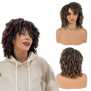 Ombre Blonde Short Dreadlock Wig for Women and Men, Synthetic Afro Twist Braided Wigs Faux Locs Hair Full Machine Made Glueless Curly Wigs Dark Root to Blonde T27