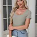 Women's Short Sleeve Tops Casual Scoop Neck Ribbed Knit Slim Fitted Basic Tee Shirts 2025 Summer Trendy Outfits (Large)