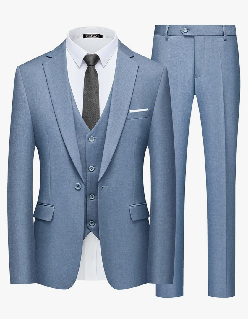 WULFUL Men’s Slim Fit Suit One Button 3-Piece Blazer Dress Business Wedding Party Jacket Vest & Pant Sweet Blue, M