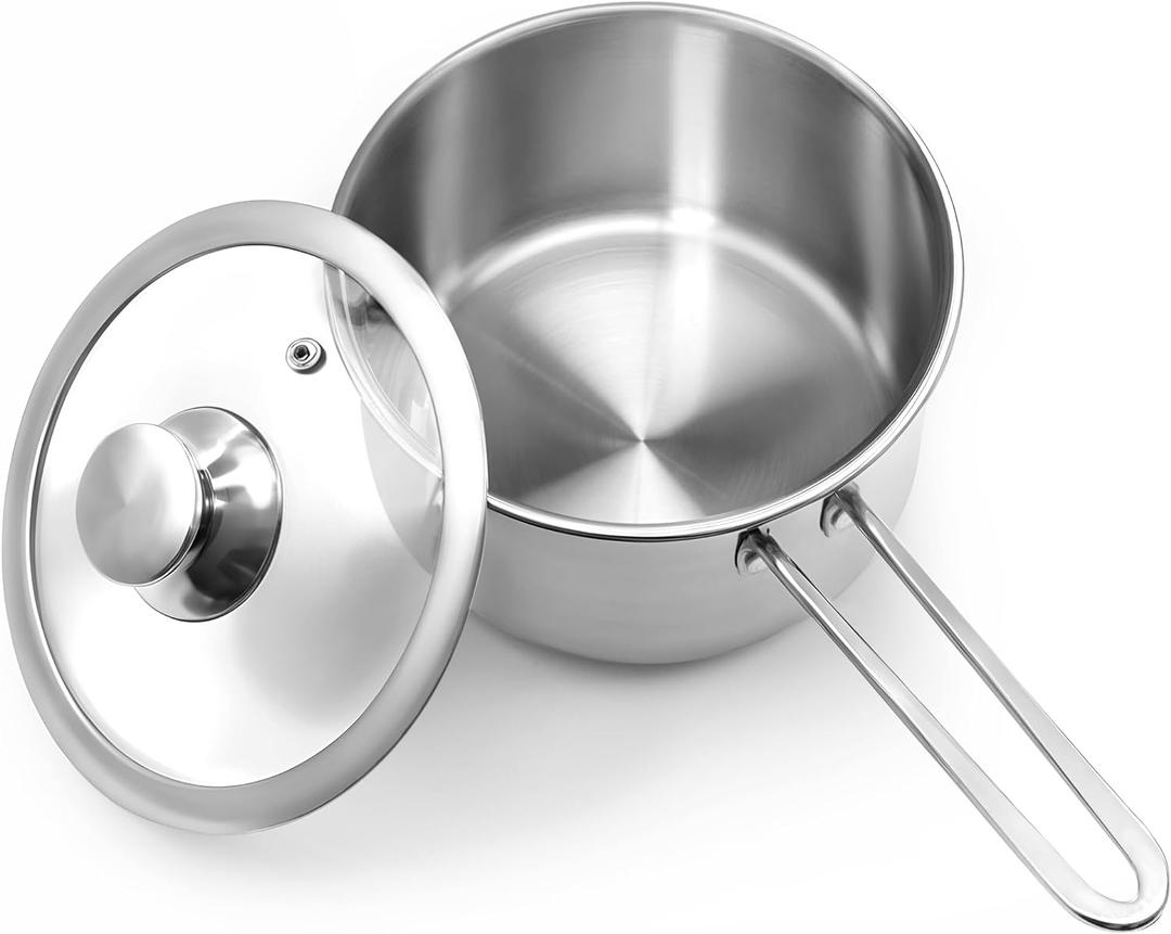 AuFranc 2 Quart Tri-ply Stainless Steel Saucepan with Glass Lid, Induction Sauce Pan Compatible with All Cooktops, Non-Toxic Sauce Pot with Stay Cool Handle, Oven & Dishwasher Safe (Silver)