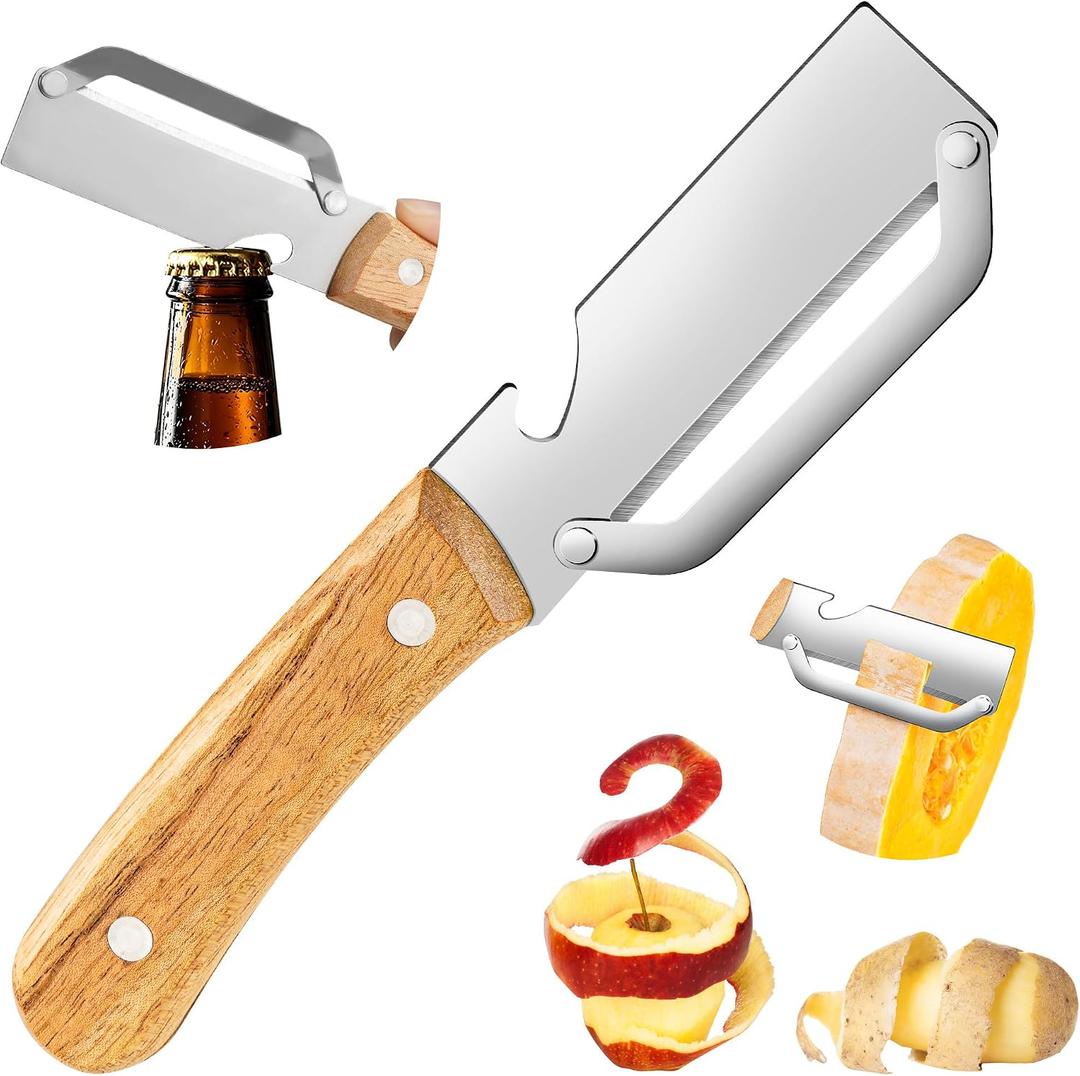 Multifunctional Vegetable Peeler, 2-in-1 kitchen peeler equipped with bottle opener, Zero Snag Wooden Kitchen Tool, Stainless Steel Peelers for Kitchen, Suitable for Fruits and Vegetables (1PCS)