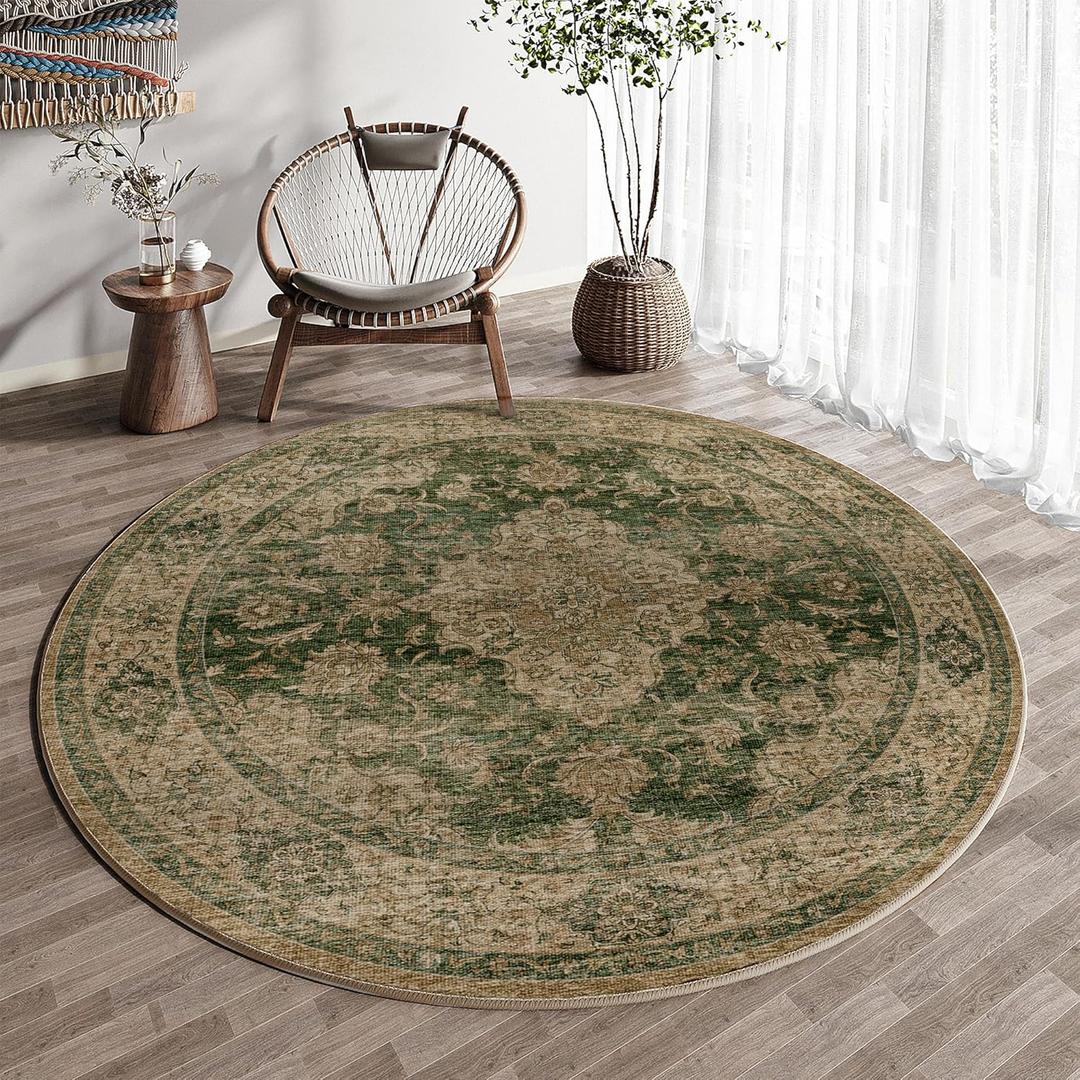 HUGEAR Round Rug 5ft Entryway Rugs Machine Washable Retro Green Hallway Area Rug 5x5 Small Circle Accent Rug Floral Low Pile Carpet Soft Throw Rug Living Room Office Laundry Room Entrance Non Slip