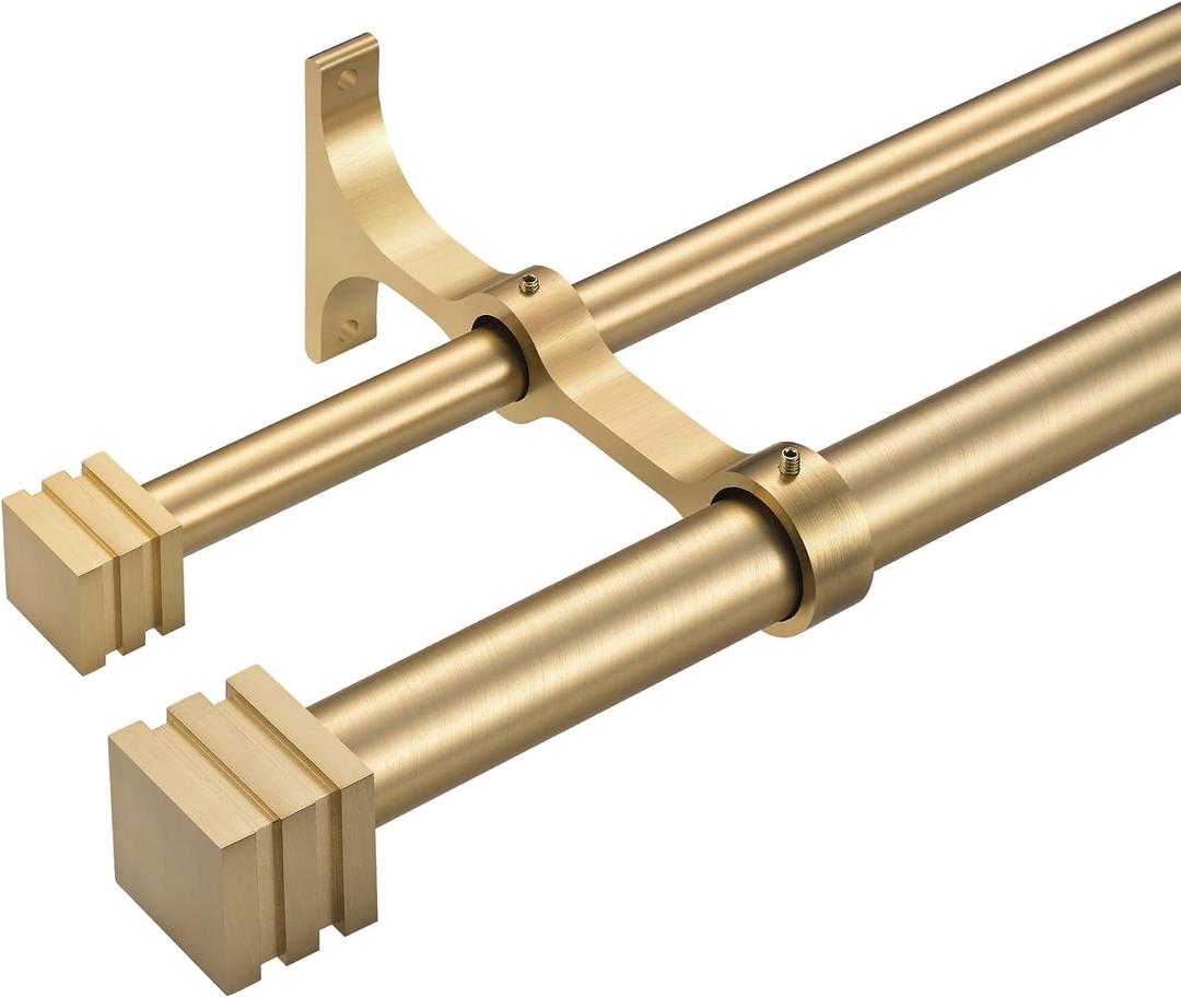Mayrhyme Double Curtain Rods with Aluminum Full Surround Brackets and Cube Box Finials,Warm Gold Curtain Rods for Windows 36 to 72 inch,1'' Front and 5/8''Back Adjustable Double Drapery Rods