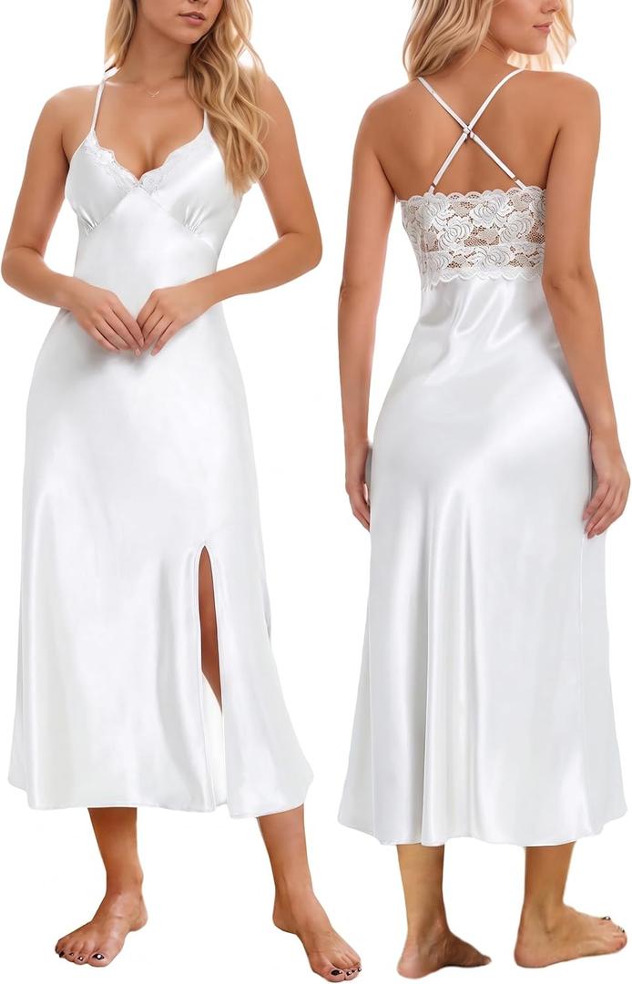 ALCEA ROSEA Women Silk Satin Nightgown Sexy Lace Chemise Lingerie Long Sleepdress for Ladies Sleepwear Slip Negligee (White, Small)