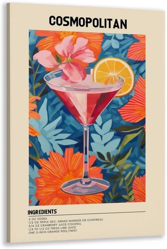 GyXzodonti Cosmopolitan Cocktail posters retro cocktail wall art Cocktail Drink Wall Decor Vintage bar cart decor Kitchen Home Bar Cart Club Decor Canvas Print 16x24inch Framed (16L" x 24W")
