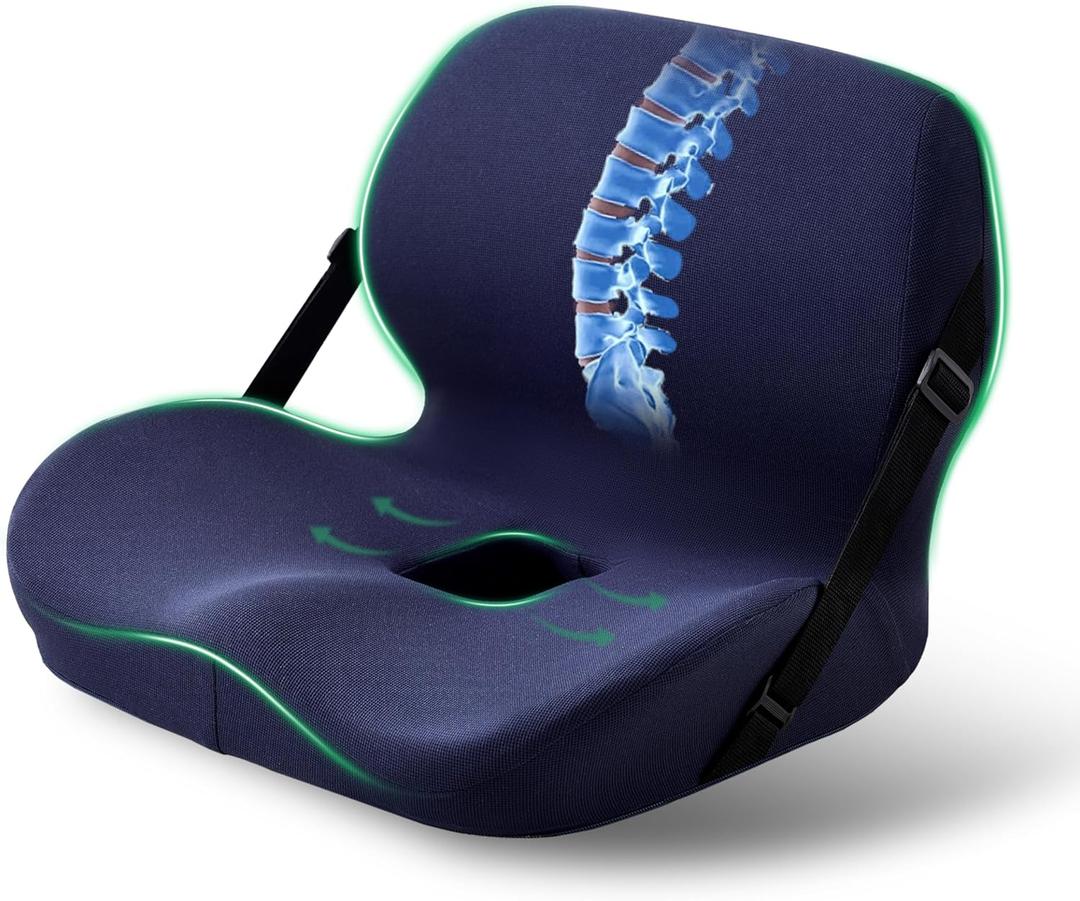 Ergonomic Seat Cushion for Sciatica Relief & Long Driving - Memory Foam Back Support with Adjustable Strap, Non-Slip Base & Removable Mesh Cover - Office, Car (Navy Blue) (Universal Size)