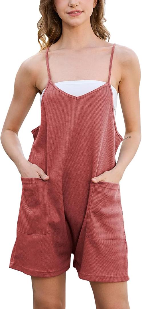 Rompers for Women Summer Casual Waffle Knit Sleeveless Romper Spaghetti Strap Shorts Overalls Jumpsuit with Pockets (Small, Pink)
