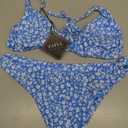 ZAFUL Women's Tie Back Padded High Cut Bralette Bikini Set Two Piece Swimsuit (1-Floral Baby Blue, M)
