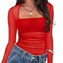 Women's Sexy Square Neck Long Sleeve Bodysuit Sheer Mesh Ruched Body Suits Going Out Tops (Red) L