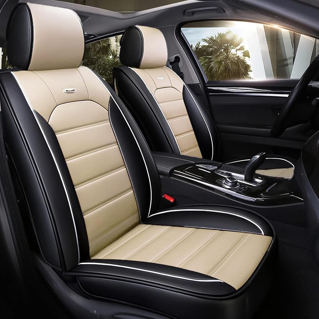 otoez Leather Car Seat Covers Full Set, 5 Seats Faux Leather Seat Covers for Cars, Waterproof Automotive Front & Rear Seat Protector Universal Interior Covers for Most Cars Sedans Trucks SUVs, Beige (Without Pillows)