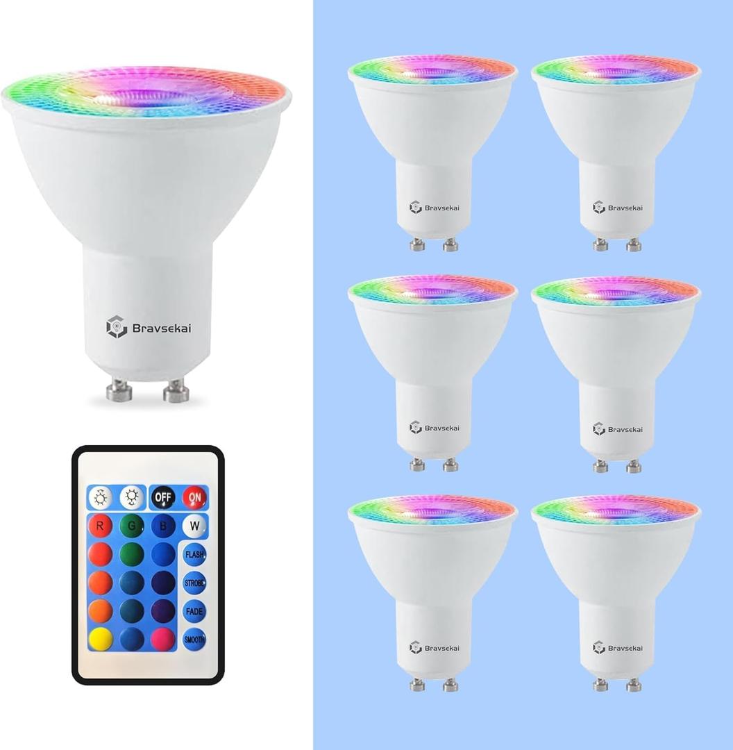 GU10 RGB LED Bulb with IR Remote, 35W Equivalent, 15 Colors & 6000K White, Dynamic Effects, 38 Beam Angle for Mood Lighting (6 Pack)