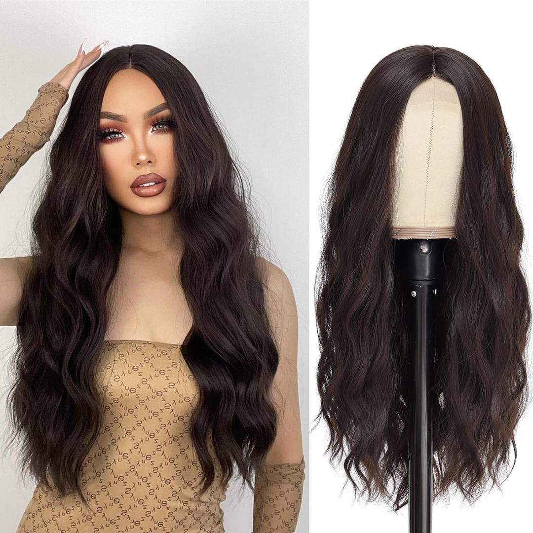Long Brown Wavy Wigs for Women Middle Part Dark Brown Wig 26 inch Natural Wave Synthetic Wig Heat Resistant Fiber Wigs for Daily Party Use