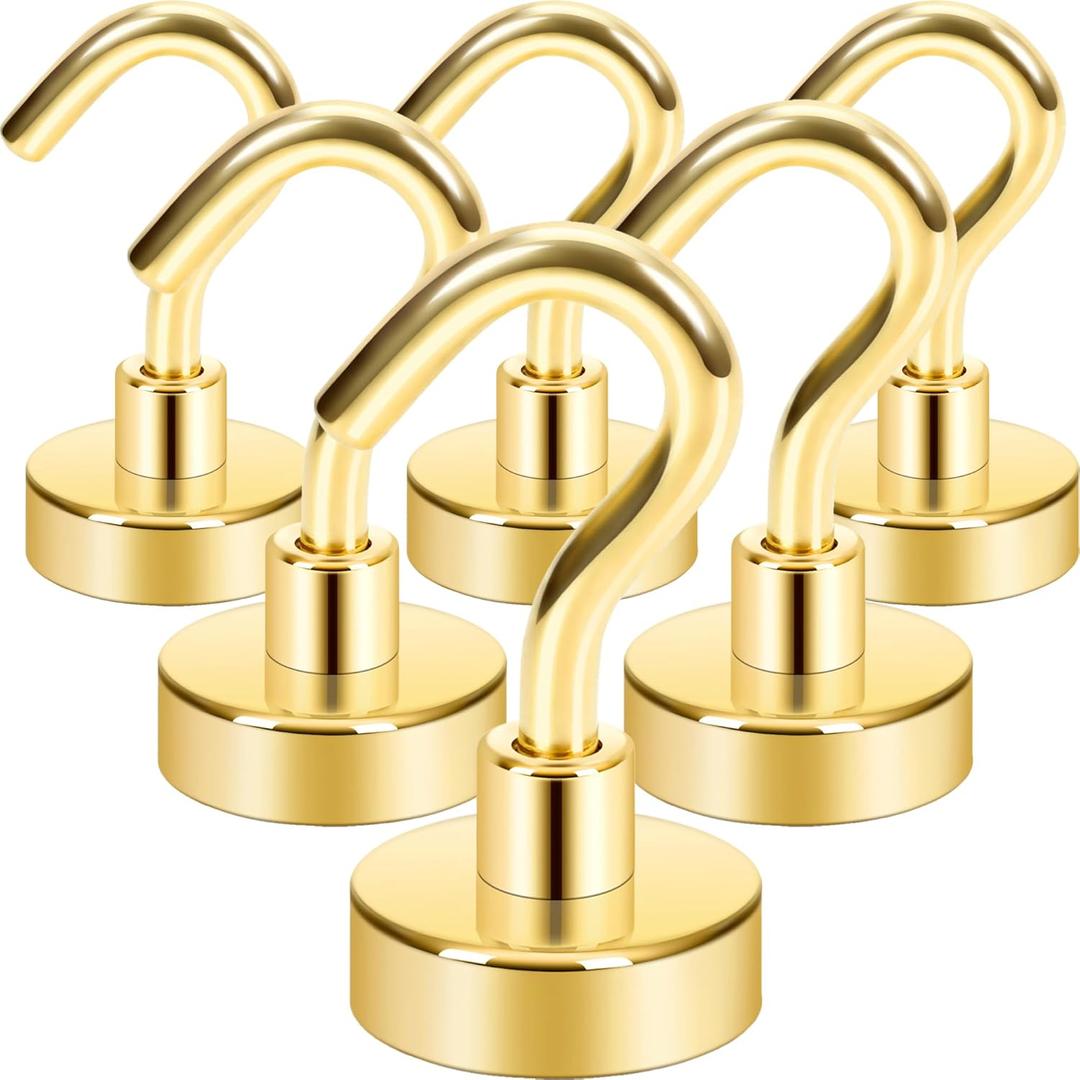 Neosmuk Magnetic Hooks, 30lb+ Heavy Duty Earth Magnets with Hook for Refrigerator, Extra Strong Cruise Hook for Hanging, Magnetic Hanger for Cabins, Grill (Golden, Pack of 6)