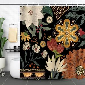 Boho Floral Shower Curtain Mid Century Morden Abstract Bohemian Flower Leaves Black Shower Curtains for Bathroom Waterproof Polyester Fabric Bath Curtain 72 x 72 Inch with 12 Hooks