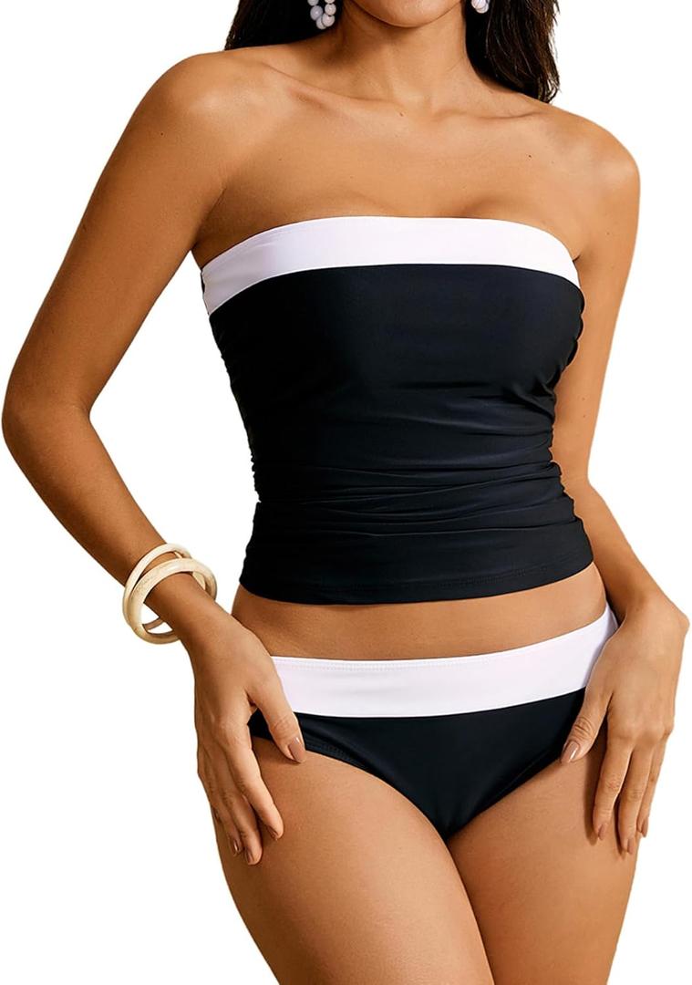 WDIRARA Women's 2 Piece Color Block Tankini Set Bandeau Strapless Ruched Bathing Swimsuit (X-Large, Black and White)