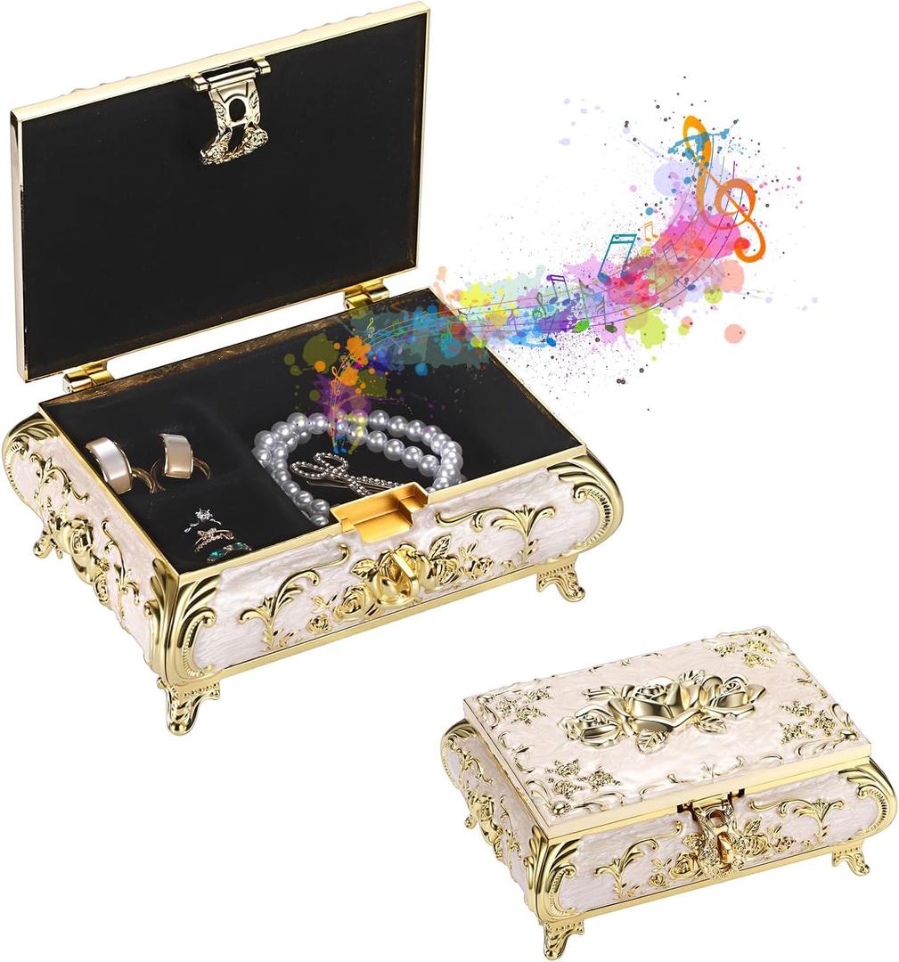 ELLDOO Vintage Music Box, Beige Metal Musical Jewelry Box Keepsake Box, Small Trinket Jewelry Storage Box Gift for Girl Women (Tune: You are My Sunshine), Large